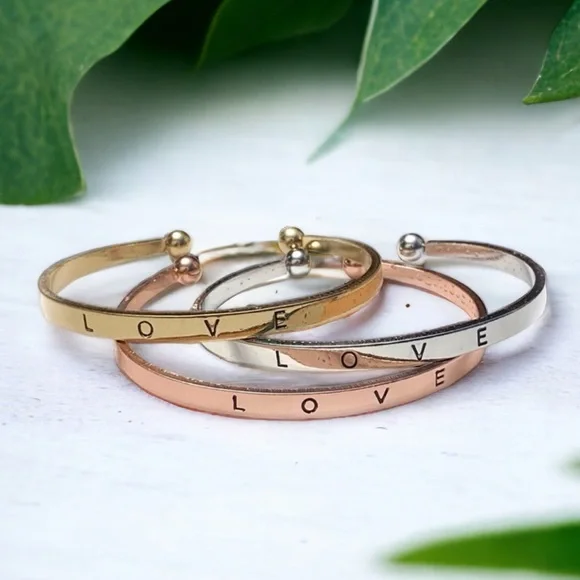 $3/20 Love Bracelets Triple Stacking Stamped Word Metal Cuffs Tri Color - Picture 2 of 7